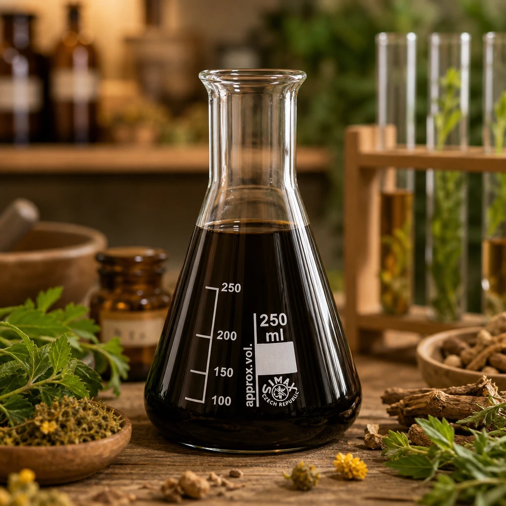 Lämmönkestävä Erlenmeyer-pullo 250ml, jossa on mustaa nestettä luontaislääketieteeseen ja yrttiuutteisiin tarkoitettuun käyttöön