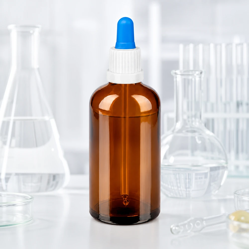 100ml apteekkipullo meripihkalasista, jossa on tippapipetti tarkkaa nesteen mittausta varten.