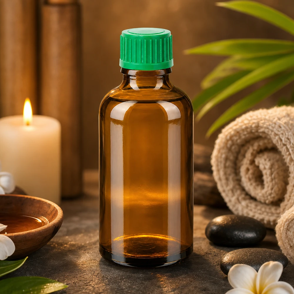 50ml lasipullo tiputuskorkilla ihanteellinen aromaterapia- ja wellness-sovelluksiin.