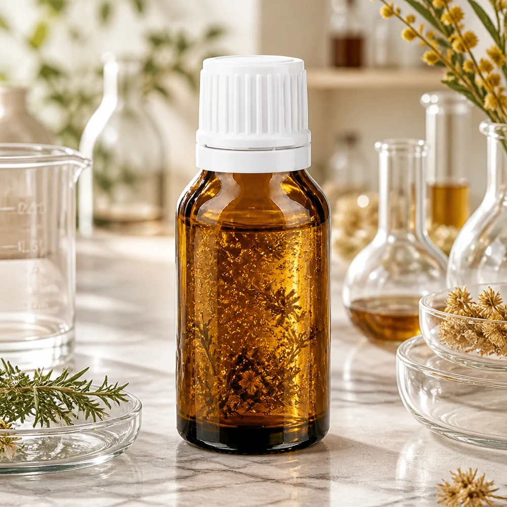 Apteekkipullo ruskea 15ml ruuvikorkki valkoinen väärentämisen estävä sulkeminen 15 ml:n ruskealasinen lääkepullo, jossa on valkoinen kierrekorkki, laboratoriokolvien ja lääkekasvien välissä