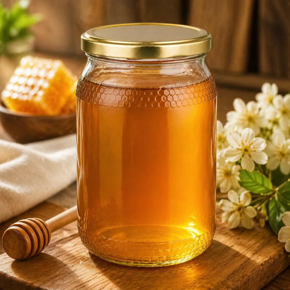 1260g Honigglas + BasicSeal Deckel gold UNiTWIST Hunajalla täytetty 900 ml:n purkki kultaisella UNiTWIST-kannella luonnollisessa ympäristössä, jossa on kukkia ja hunajakennoja.