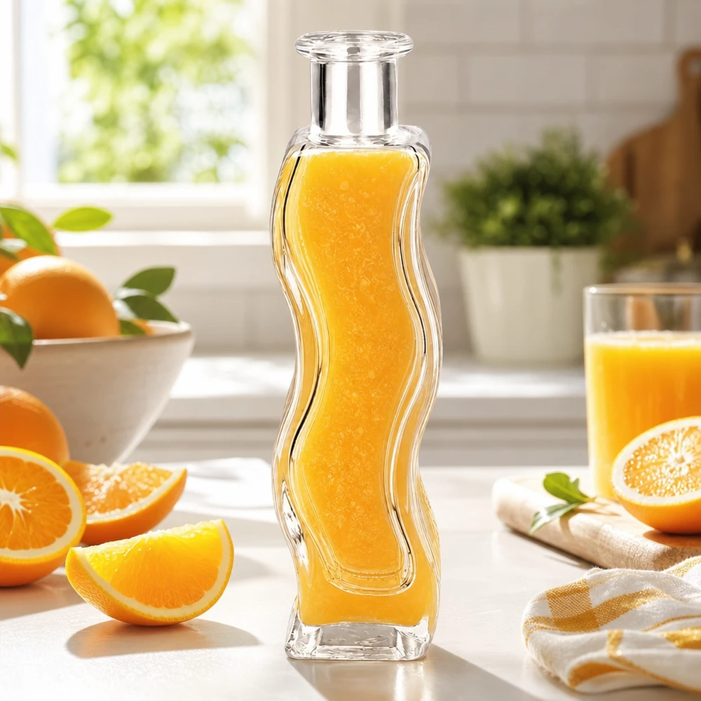 100 ml:n Melissa-lasipullo täynnä appelsiinimehua vaaleassa keittiössä, jota ympäröivät tuoreet appelsiinit ja sitrushedelmät.