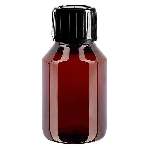 PET-pullo 50ml, jossa on musta sinetöintiturvallinen korkki.