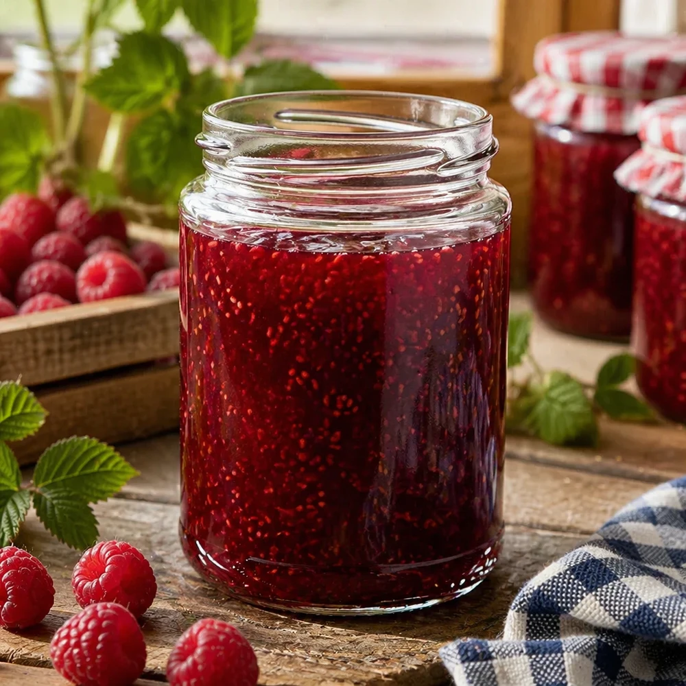 390ml pyöreä purkki ilman kantta (TO70) UNiTWIST UNiTWIST UNiTWIST Runda390 pyöreä lasi 390ml TO70 täynnä vadelmahilloa puupöydällä, jossa on tuoreita vadelmia.