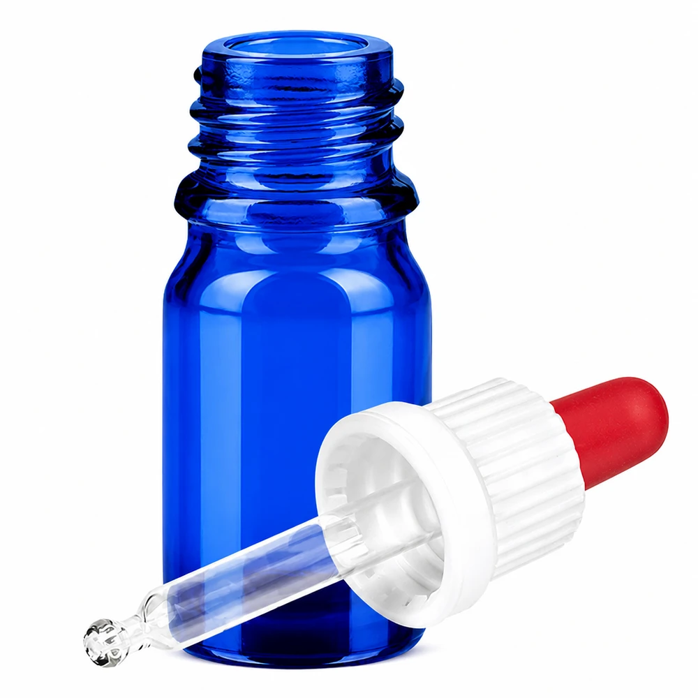 5ml pipettipullo valkoinen/punainen väärentämisen estävä suljin BlueLine UT18/5 BlueLine UT18/5 Pieni sininen lasipullo 5ml pipetillä eteerisille öljyille ja kosmetiikalle BlueLine UT18/5
