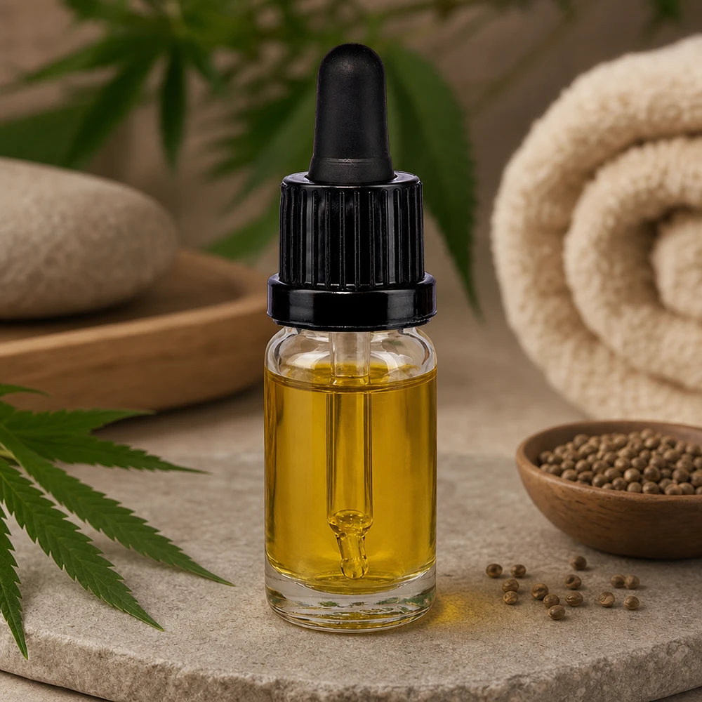 Läpinäkyvä 10 ml:n lasipullo, jossa on musta tippakorkki ja hamppulehti, CBD-öljyä varten
