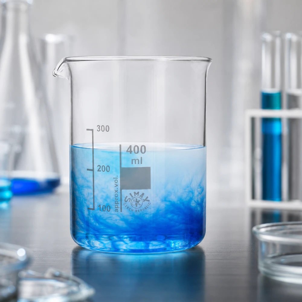 Juomalasi 400ml borosilikaattilasi, matala muotoinen Läpinäkyvä 400 ml:n dekantterilasi, jossa on sinistä nestettä ja selvästi näkyvät millilitra-asteikot.
