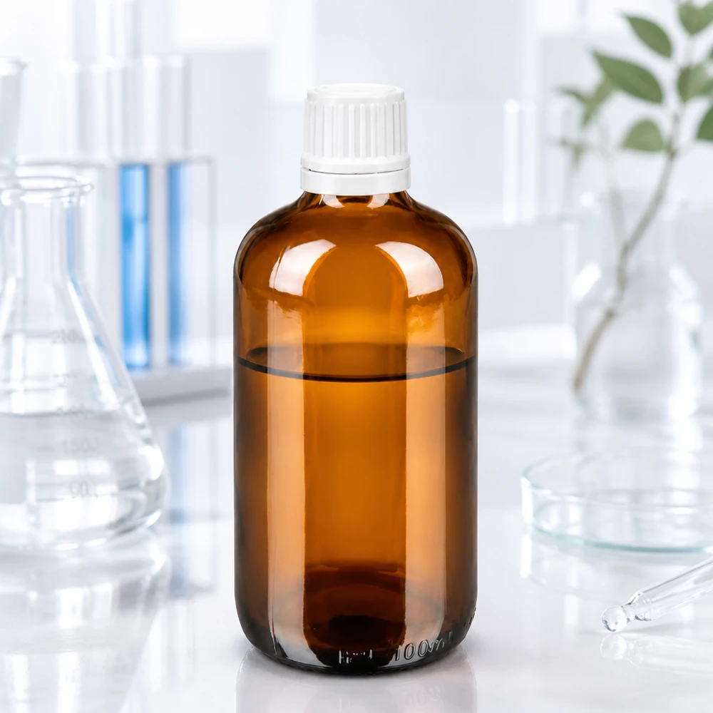 100 ml:n ruskealasinen apteekkipullo, jossa on valkoinen OV-korkki ja 0,7 mm:n tiputin laboratoriossa