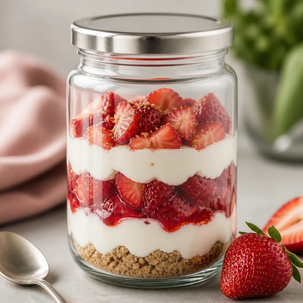 382ml pyöreä lasipurkki, jossa on BasicSeal-kansi hopea UNiTWIST. 382ml Rundglas mit BasicSeal Deckel silber als Dessertglas für Erdbeertrifle Schichtdessert Küchenglas vielseitig