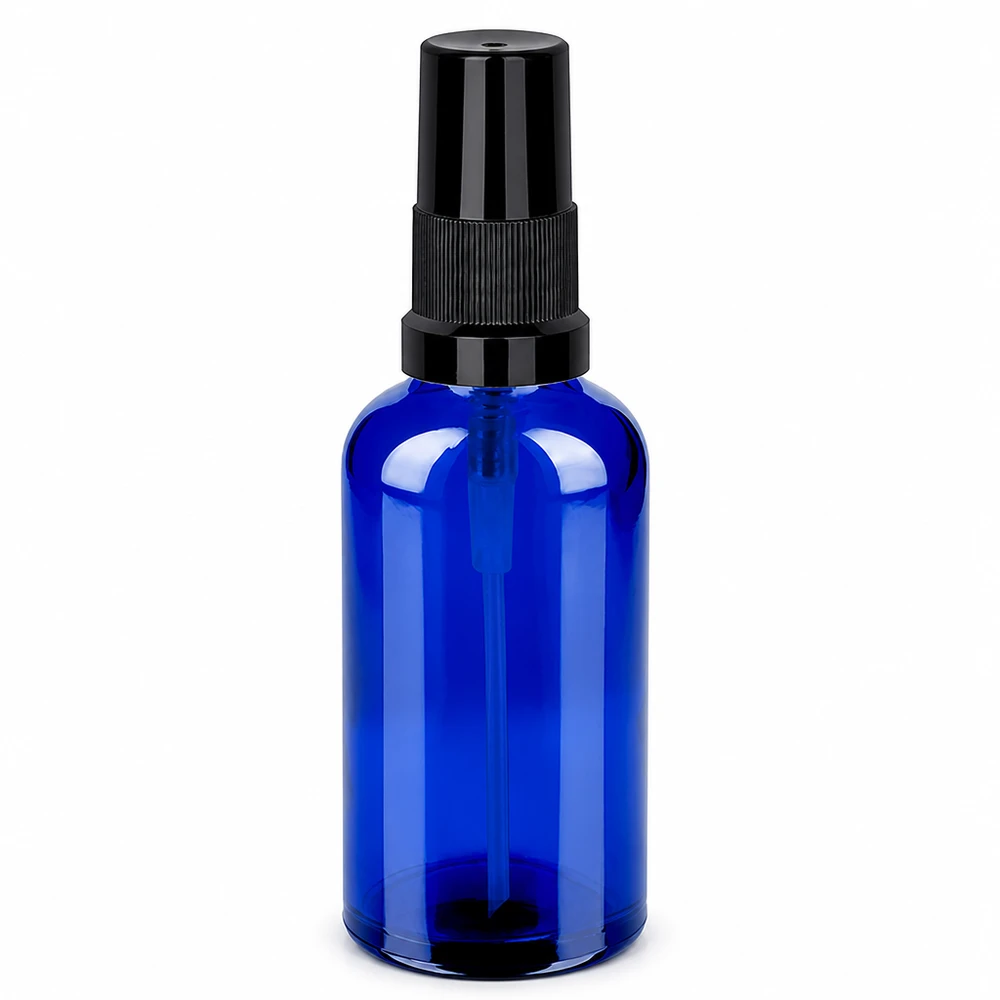 50ml sininen lasinen suihkepullo mustalla sumuttimella kosmetiikalle ja eteerisille öljyille.