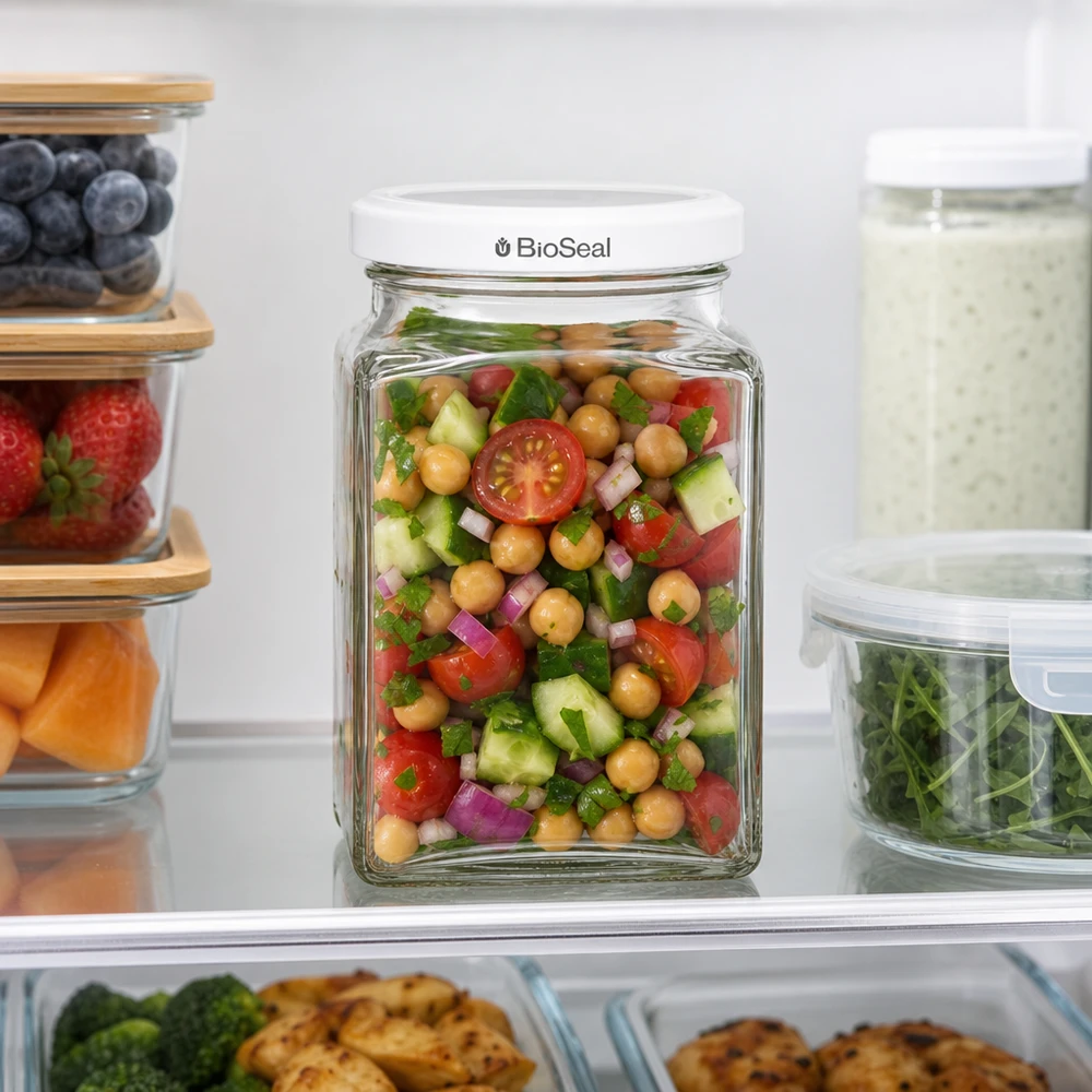UNiTWIST Tetra260 Vorratsglas im Kühlschrank mit Kichererbsensalat weißer TO58 BioSeal Deckel frische Aufbewahrung