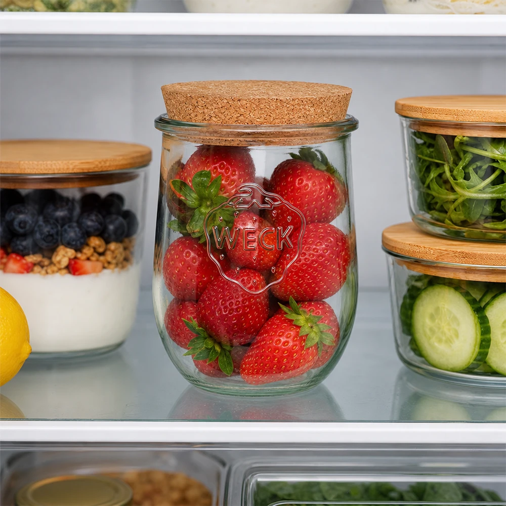 1062ml tulppaanipurkki WECK RR100 korkilla luonnonmukainen WECK tulppaanipurkki 1062ml RR100 korkkikannella tuoreiden mansikoiden säilyttämiseen jääkaapissa Meal Prep Organisation (Aterianvalmistusorganisaatio)