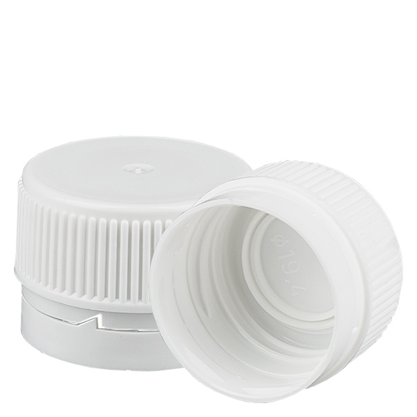 Valkoinen ruuvikorkki, jossa on väärentämisen estävä rengas PP28 ApoGlas.