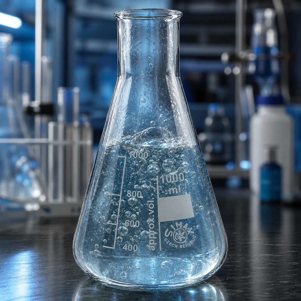Erlenmeyer-pullo 100ml leveä kaulaosa Erlenmeyer-pullo 100 ml:n leveäkaulainen pullo, jossa on millilitra-asteikko tilavuuden tarkkaa määrittämistä varten.