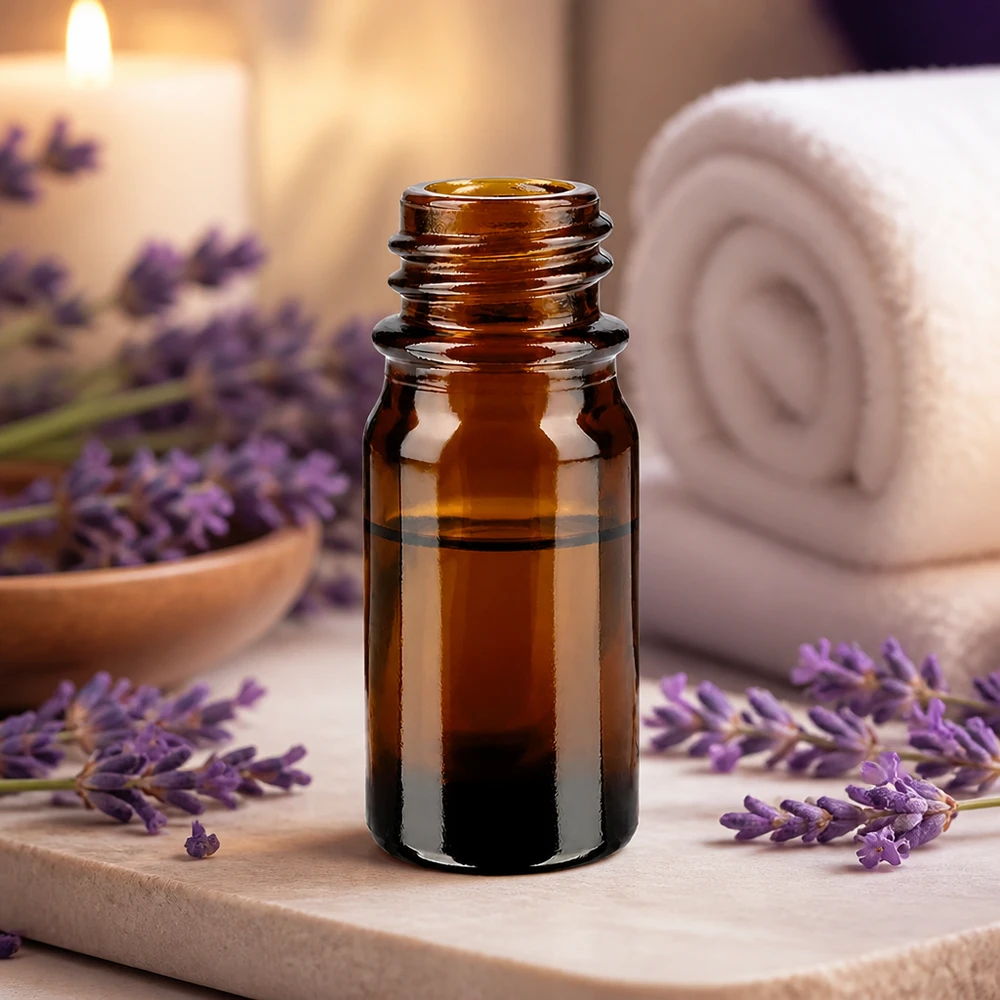 5ml ruskea Apteekkipullo ApoGlas, jossa on laventeli ja spa-tarvikkeet aromaterapiaa ja eteerisiä öljyjä varten.