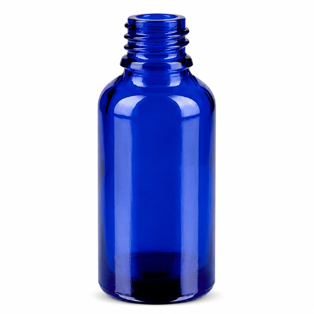 30ml pullo 11mm kierrekorkki punainen Standard BlueLine UT18/30 Pieni 30ml lasipullo, sininen, 11mm kierteellä varustettu kaula eteerisille öljyille ja tinktuureille.