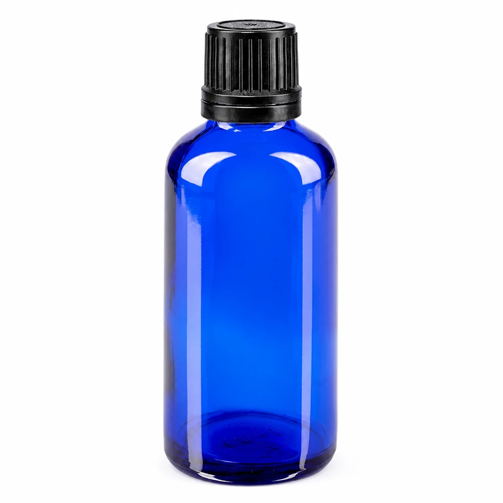 Apteekkipullo sininen 50ml ruuvikorkki musta valurengas peukaloinnin estävä sulkeminen 50 ml:n sininen lasinen apteekkipullo, jossa on musta alkuperäinen 8 mm:n korkki, tarkoitettu lääke- ja kosmetiikkateollisuudelle