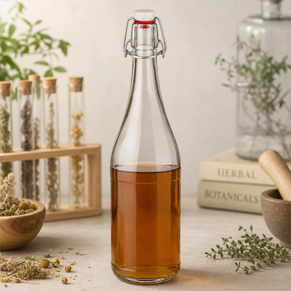 750ml lasipullo swing top täynnä yrttiteetä lääkekasvit botanicals still life luonnollisia ainesosia