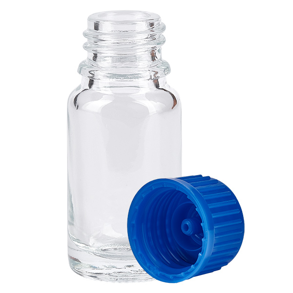 10ml pullo 11mm kierrekorkki sininen Standard ClearLine UT18/10 Standard ClearLine UT18/10 10 ml:n ClearLine-lasipullo UT18/10, jossa on sininen tippakorkki, 11 mm:n kierrekorkki, avattu
