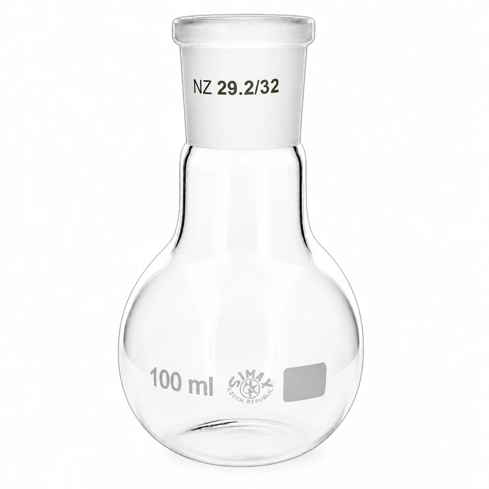 Pyöreäpohjainen pullo 100ml, jossa on NS 29/32 hiottu liitos - läpinäkyvä laboratoriolasi tislausta ja synteesiä varten.