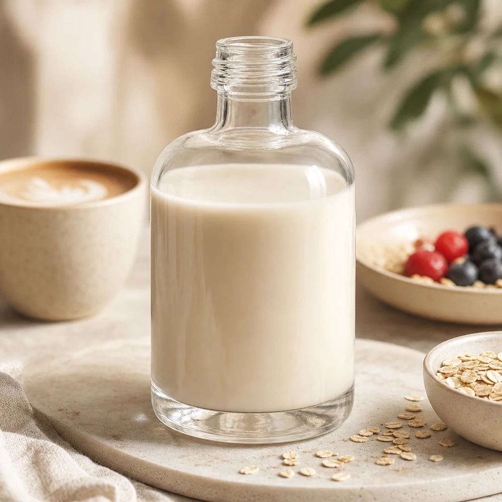 40ml Glasflasche "Sara" ohne Schraubverschluss UNiTWIST 40ml Glasflasche Sara mit cremiger Hafermilch befüllt in natürlicher Küchenszene mit Müsli und Kaffee ohne Verschluss