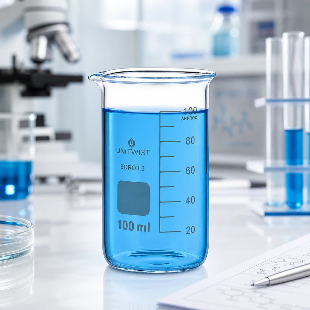 UNITWIST-laboratoriomuki, 100 ml, korkea malli, borosilikaattilasia, jossa on sinistä nestettä laboratoriossa