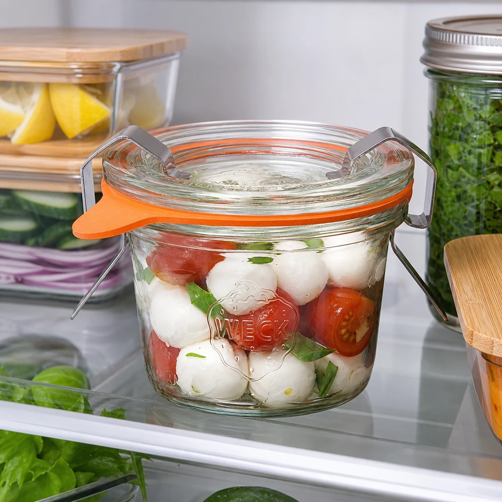 35ml juomapullot täydelliset WECK RR40 WECK 35ml RR40 -lasipurkki täynnä Caprese-salaattia jääkaapissa osoittaa tuoreen ruoan käytännöllisen säilytyksen.