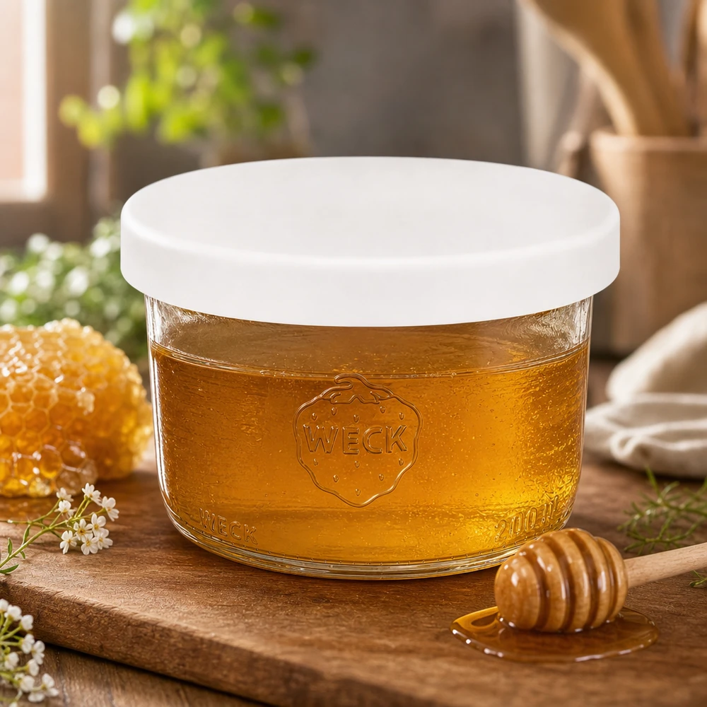 WECK tumblers 200ml RR80 täynnä hunajaa valkoinen silikoni kansi hunajapurkki puulauta hunaja lusikalla