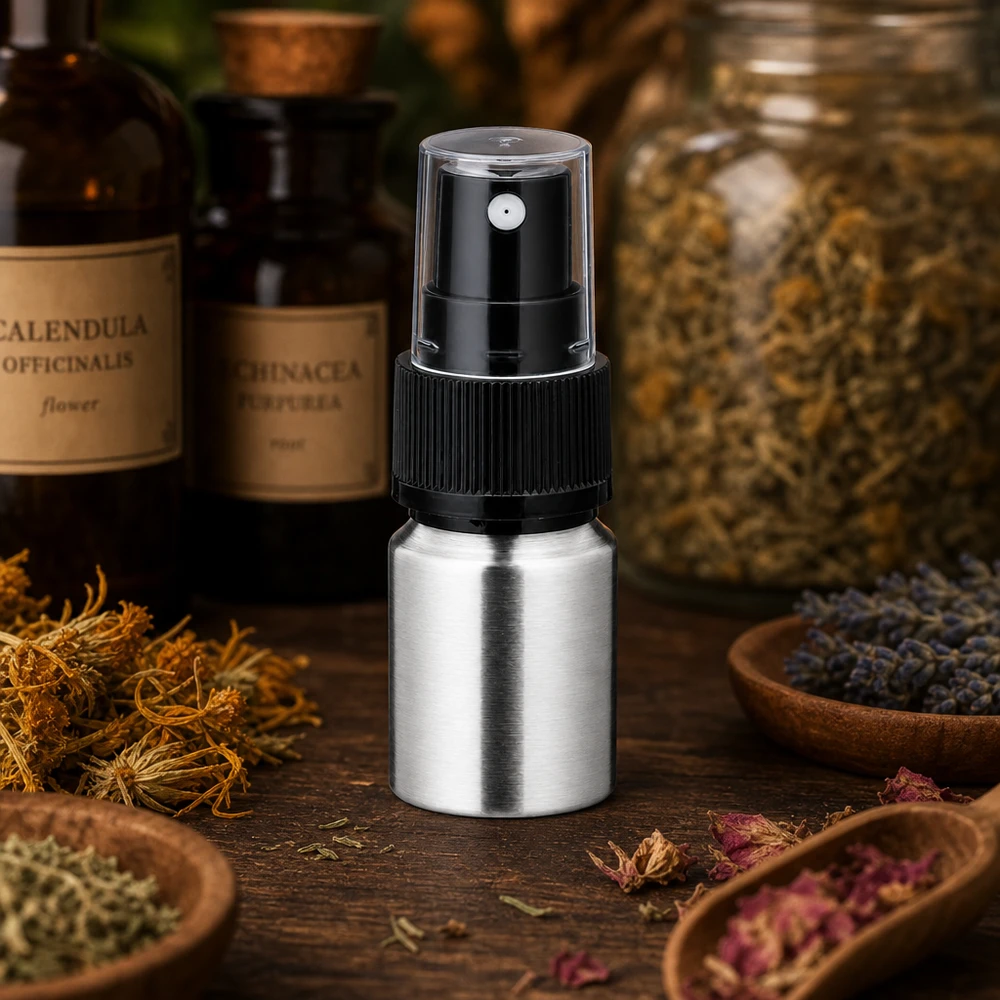 10ml kiillotettu alumiinipullo, jossa on sumutin. 10ml kiillotettu alumiinipullo mustalla suihkupumpulla - premium-sumutin aromaterapiaan