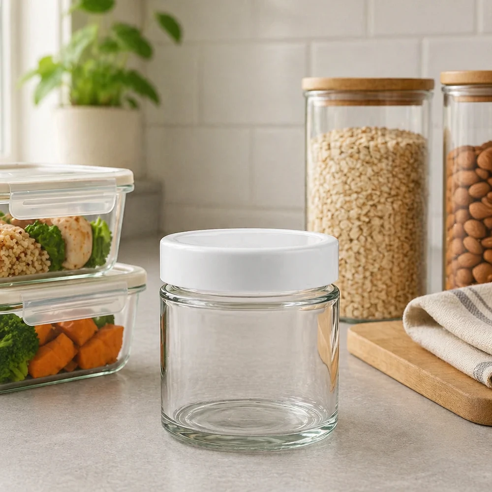 135ml pyöreä lasipurkki + BasicSeal kansi valkoinen syvä UNiTWIST 135ml pyöreä purkki BasicSeal kansi valkoinen in Kitchen Surroundings Ateria Prep Säiliöt Säilytyspurkit Keittiöorganisaatio Keittiöorganisaatio