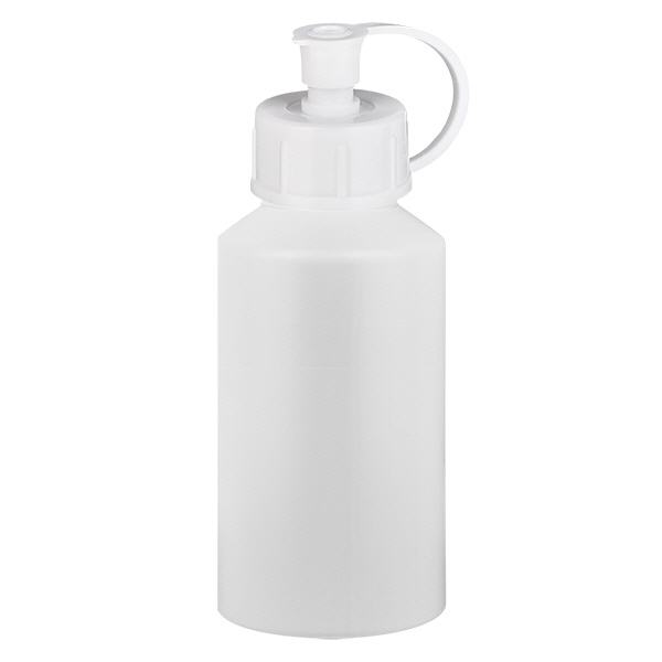 Apteekkipullo HDPE 50ml valkoinen, ruiskukorkilla varustettu.