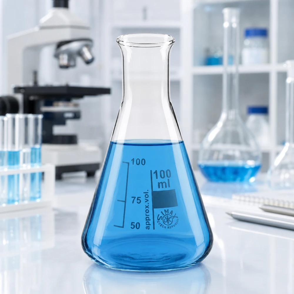 Erlenmeyer-pullo 100ml kapeakaulainen Kartiomainen Erlenmeyer-pullo 100ml kapea kaula, jossa on sinistä nestettä steriilissä laboratorioympäristössä.