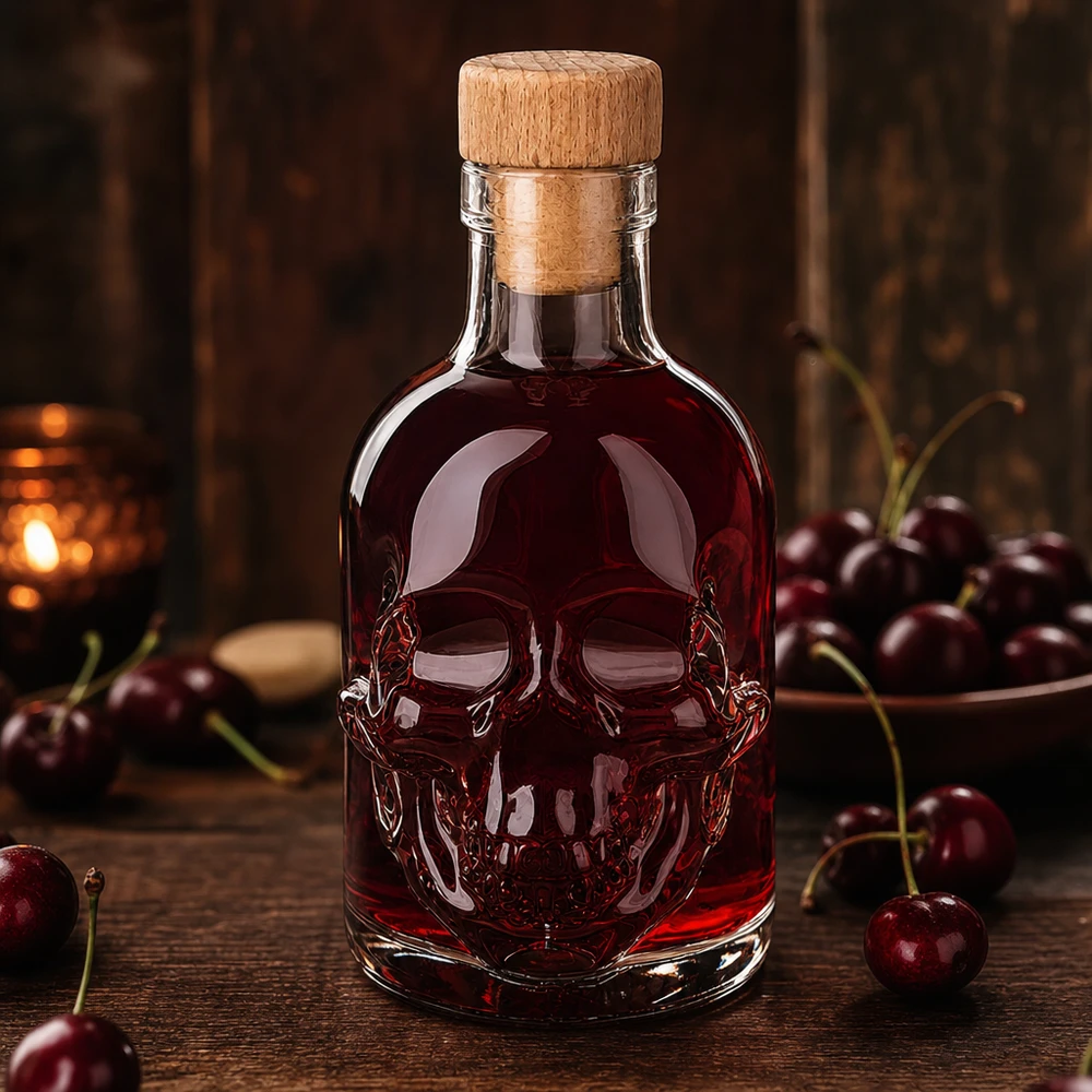 200ml Glasflasche "Jack" mit Holzgriff-Korken UNiTWIST 200 ml:n kallolasi pullossa Jackia, jossa on punaista kirsikkanestettä ja puukorkki, jonka ympärillä on tuoreita kirsikoita.
