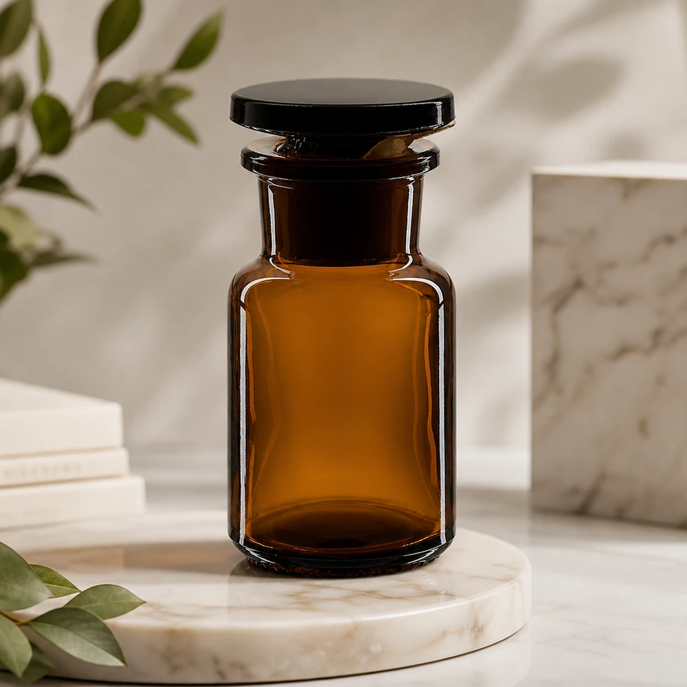 Pyöreä olkapääpullo 50ml ruskea leveäkaulainen lasitulppa Klassinen pyöreäolkapullopullo, 50 ml, ruskea, leveäkaulainen, lasitulpalla, marmorijalustalla