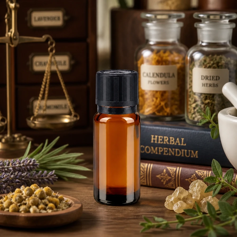 Apteekkipullo ruskea 10ml tiputuskorkki valurengas 1mm musta lapsilukko sokea varoitussymboli peukaloinninestokorkki St. 10 ml:n apteekkilasi, jossa on tiputin ja 1 mm:n aukko, yrtikirjojen ja puulla olevien kehäkukankukkien välissä