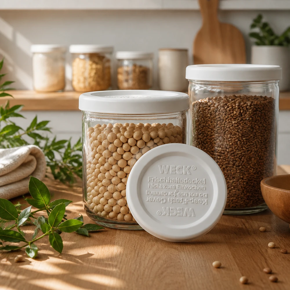 WECK Fresh-keeping-kansi RR40 WECK RR40 ruoan säilytyskansi keittiössä, jossa on säilytyspurkit täynnä palkokasveja optimaaliseen ruoan säilytykseen.