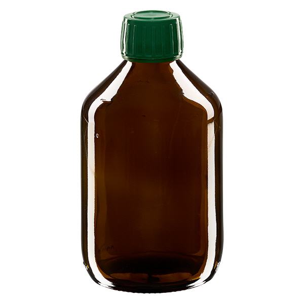 300ml lääkepullo ruskea, korkki vihreä, jossa peukaloinninestosormus ApoGlas