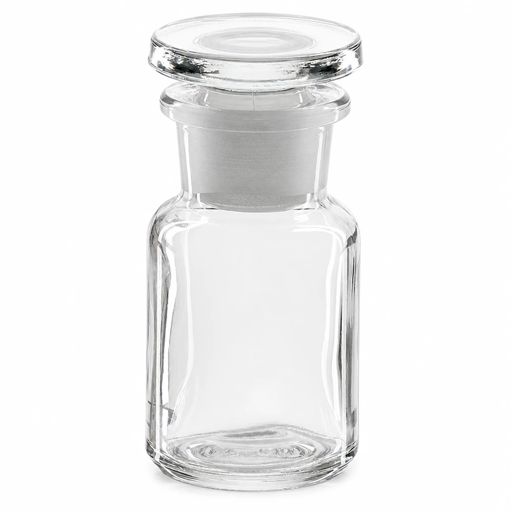 Läpinäkyvä, pyöreäolkapäinen pullo, 50 ml, lasitulpalla ja leveällä suulla, laboratorio- ja apteekkikäyttöön