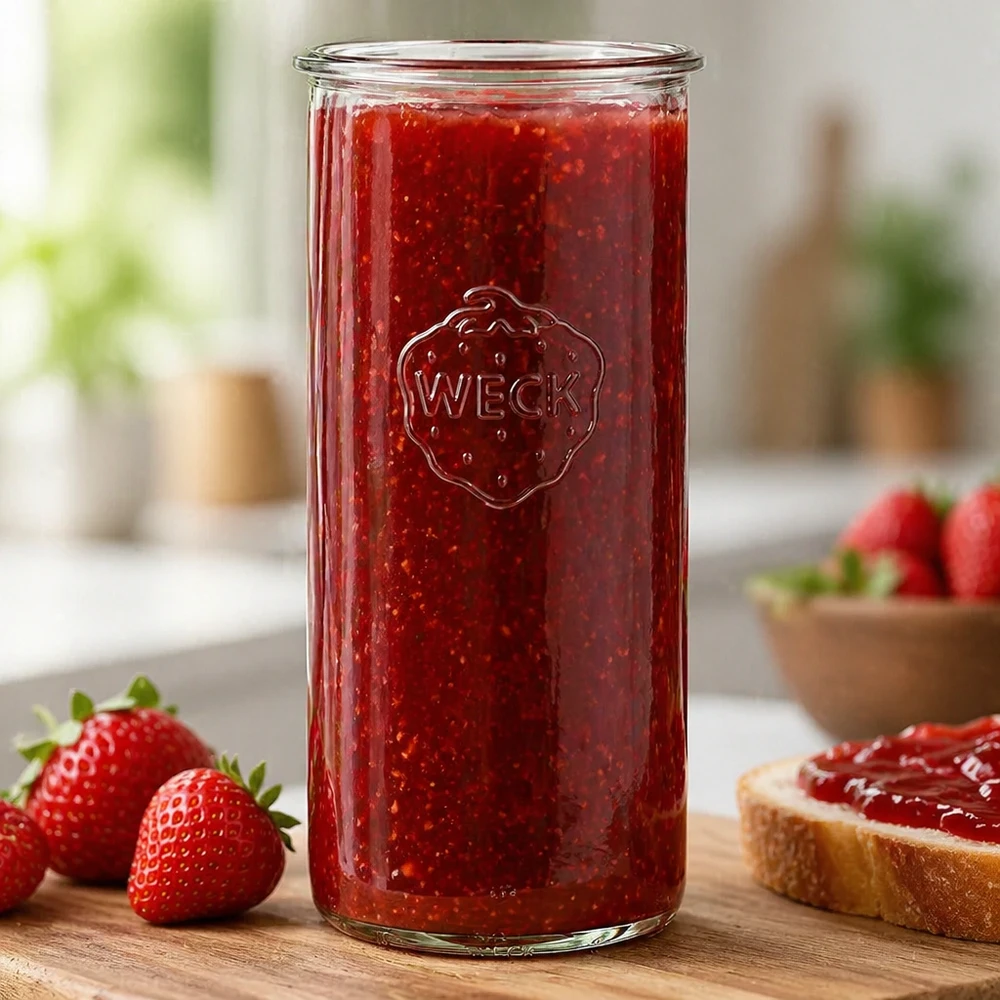 1500 ml:n WECK RR100 -lasipurkki 1500ml WECK RR100 -purkki täynnä punaista mansikkahilloa tuoreiden mansikoiden ja leivän vieressä puupöydällä.