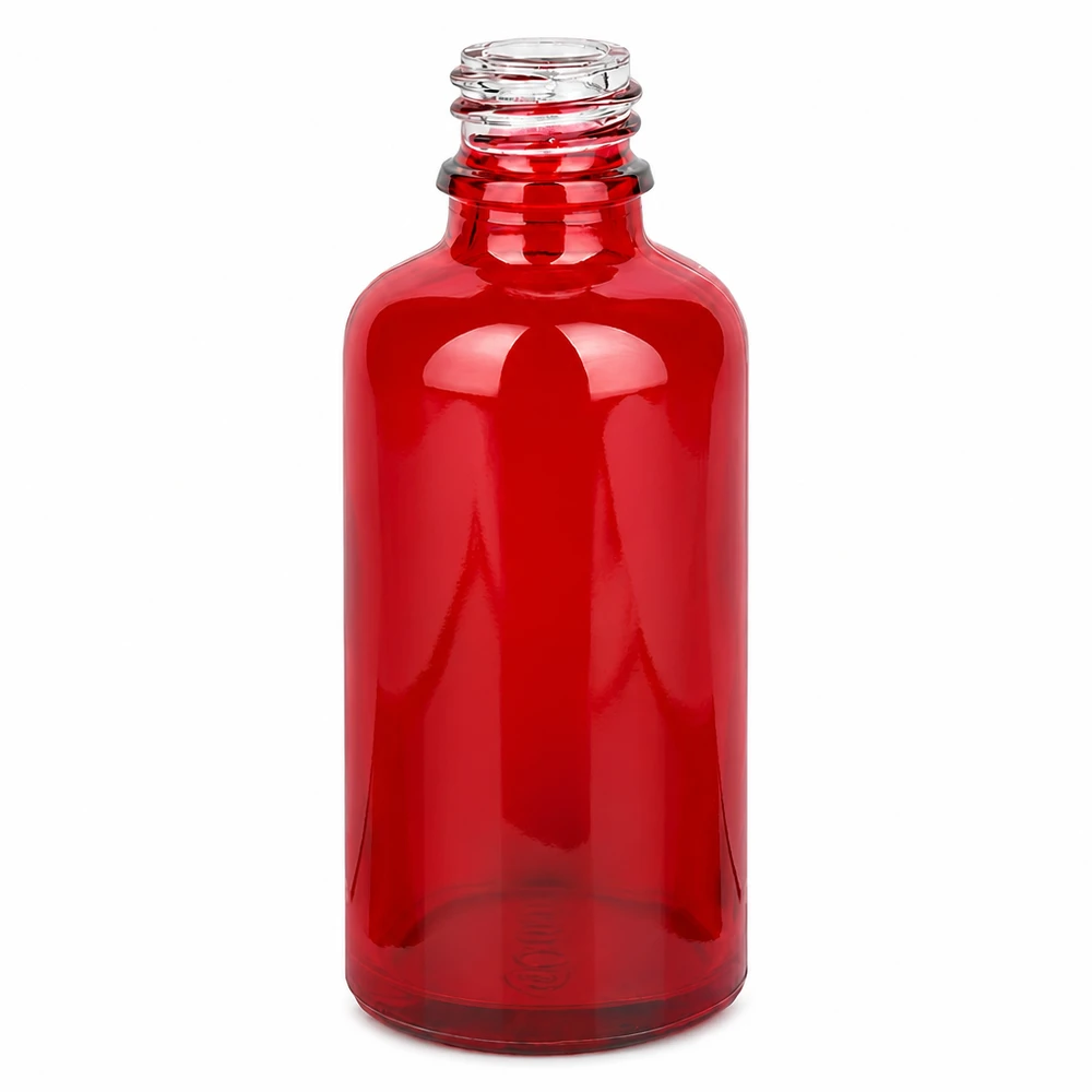 50ml apteekkipullo RedLine UT18/50 UNiTWIST korkealaatuisesta punaisesta lasista valmistettu 50ml apteekkipullo farmaseuttisiin sovelluksiin.