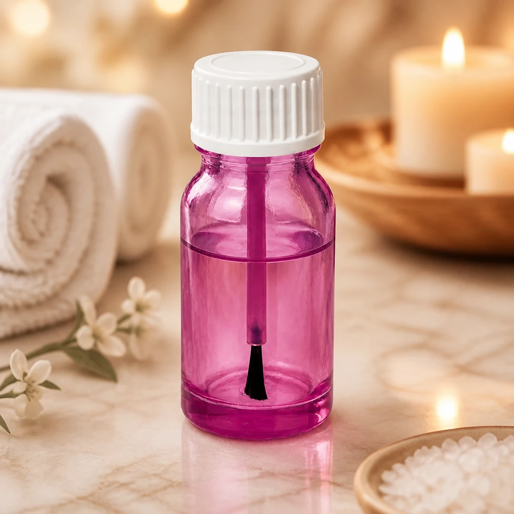 10ml sivellinpullo valkoinen vakio PurpleLine UT18/10 valkoinen standardi 10 ml:n harjapullo valkoisella kierrekorkilla STD PurpleLine UT18/10 wellness- ja kylpyläkäyttöön.