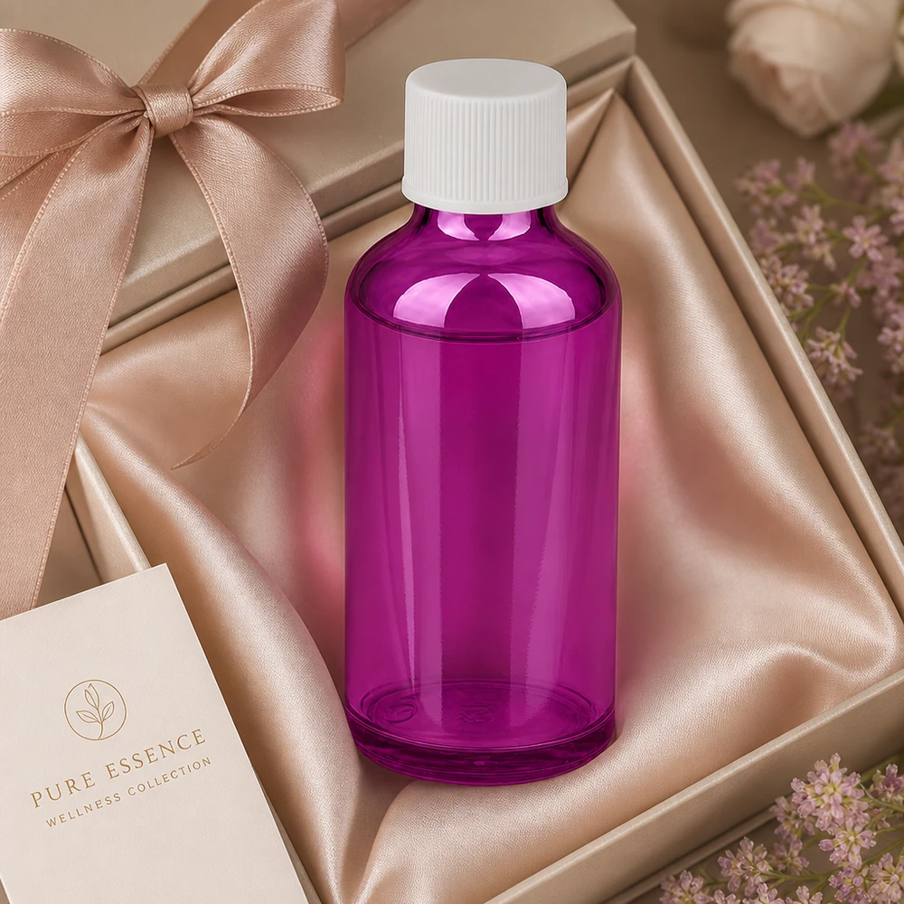 50ml apteekkipullo tyylikkäästä violetista lasista, jossa on lapsiturvallinen valkoinen korkki.