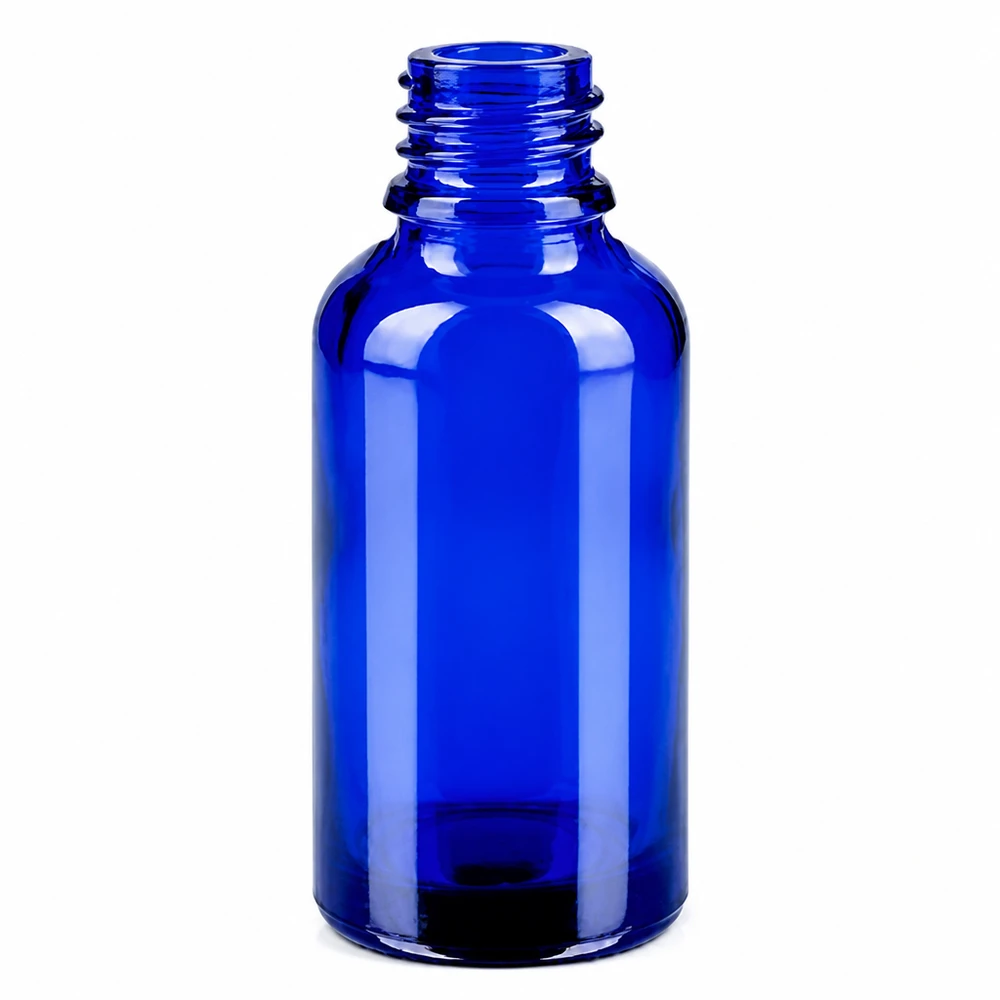 30ml pullo 11mm kierrekorkki musta väärentämisen estävä korkki BlueLine UT18/30 30ml tippapullo sinisestä lasista, jossa on 11mm kierre aromaterapiaan ja luonnonkosmetiikkaan.