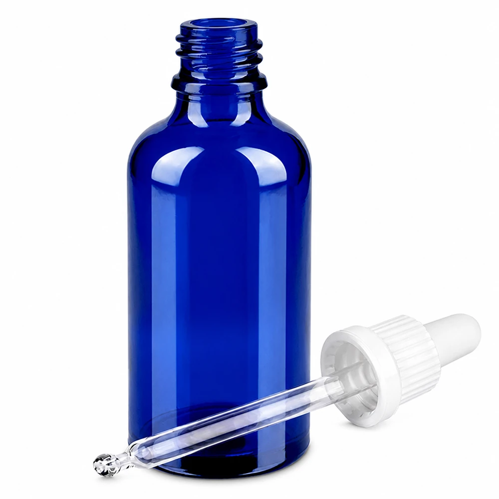 50ml pipettipullo valkoinen väärentämisen estävä suljin BlueLine UT18/50 BlueLine UT18/50 Sininen lasipullo 50ml pipetillä OV BlueLine UT18/50 kosmetiikkaan ja eteerisiin öljyihin.