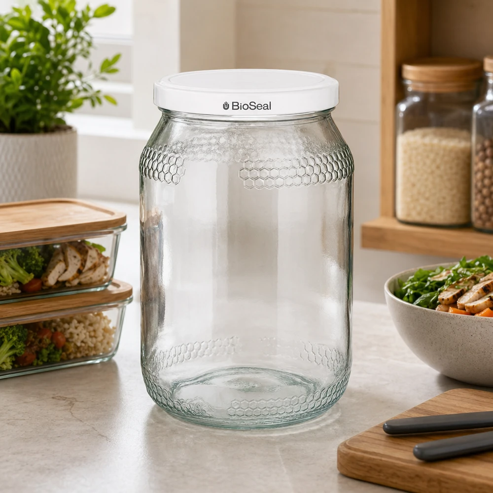 1260g Honigglas + BioSeal Deckel weiß UNiTWIST Tyhjä 900 ml:n hunajapurkki valkoisella BioSeal-kannella modernissa keittiössä säilytyspurkkien ja salaattikulhon vieressä.