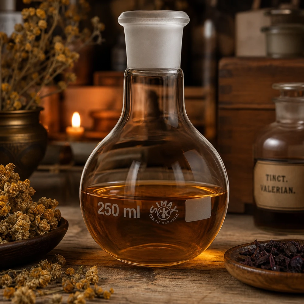 Lantiopullo 250ml, jossa on vakiohiottu liitos (29/32). Läpinäkyvä 250 ml:n laboratoriopullo, jossa on valkoinen tulppa ja vakiohiottu liitos 29/32 tislausprosesseja varten.