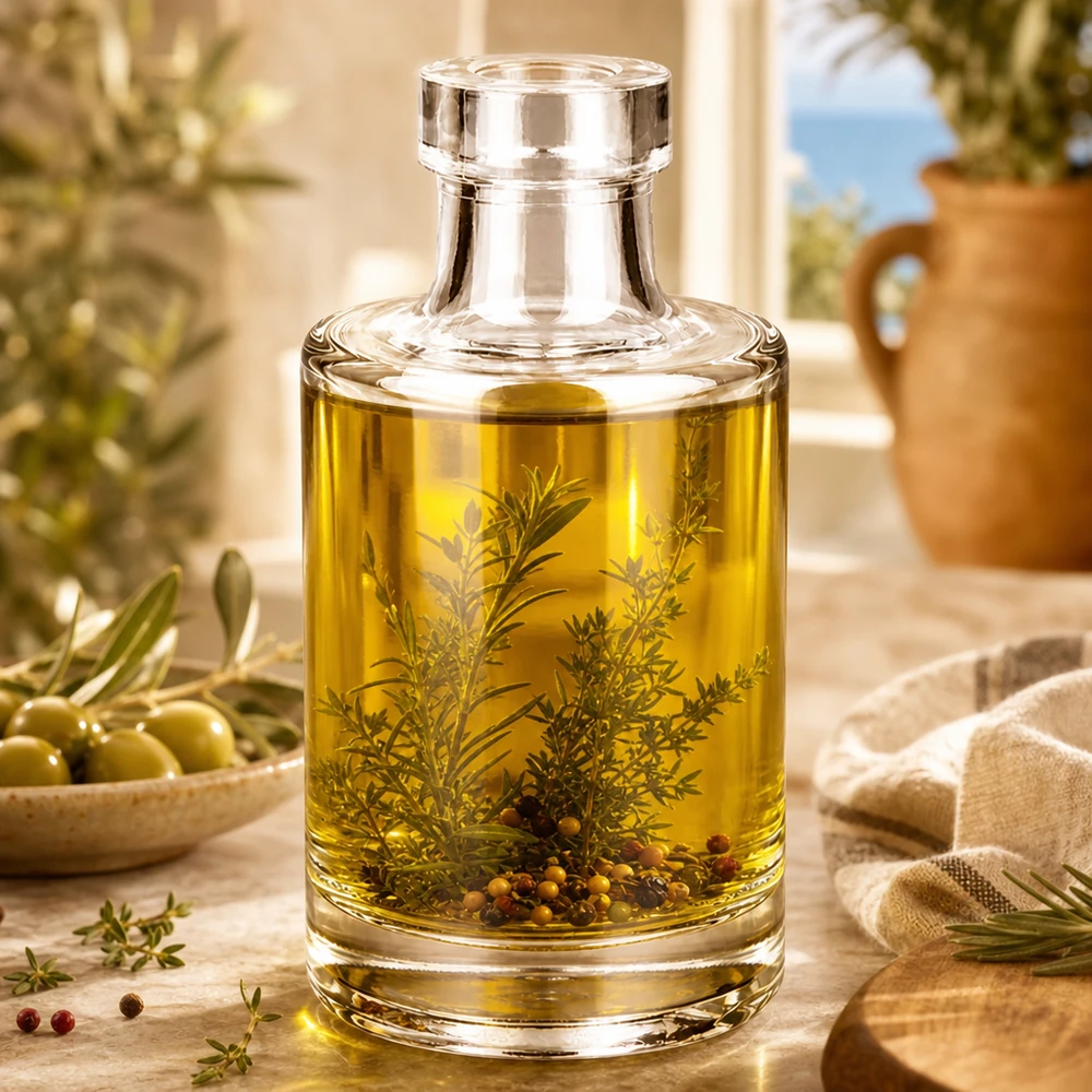 100ml lasipullo Marie täynnä yrttiöljyä ja mausteita esimerkkinä käytöstä keittiössä ja koristeena.