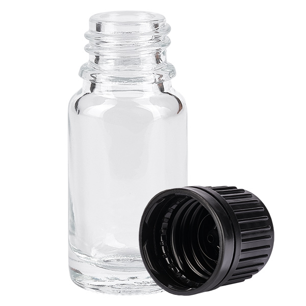 10ml pullo 11mm ruuvikorkki musta peukaloinnin estävä korkki ClearLine UT18/10 10ml pullo 11mm ruuvikorkki musta peukaloinnin estävä korkki ClearLine UT18/10