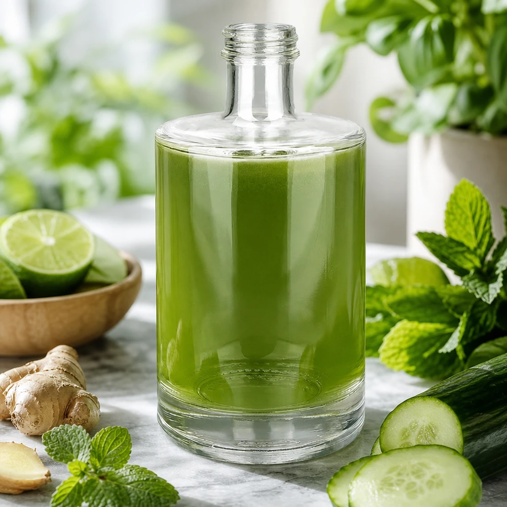 500ml lasipullo Sam täynnä vihreää smoothieta, jota ympäröivät tuoreet ainesosat minttu kurkku inkivääri limetti