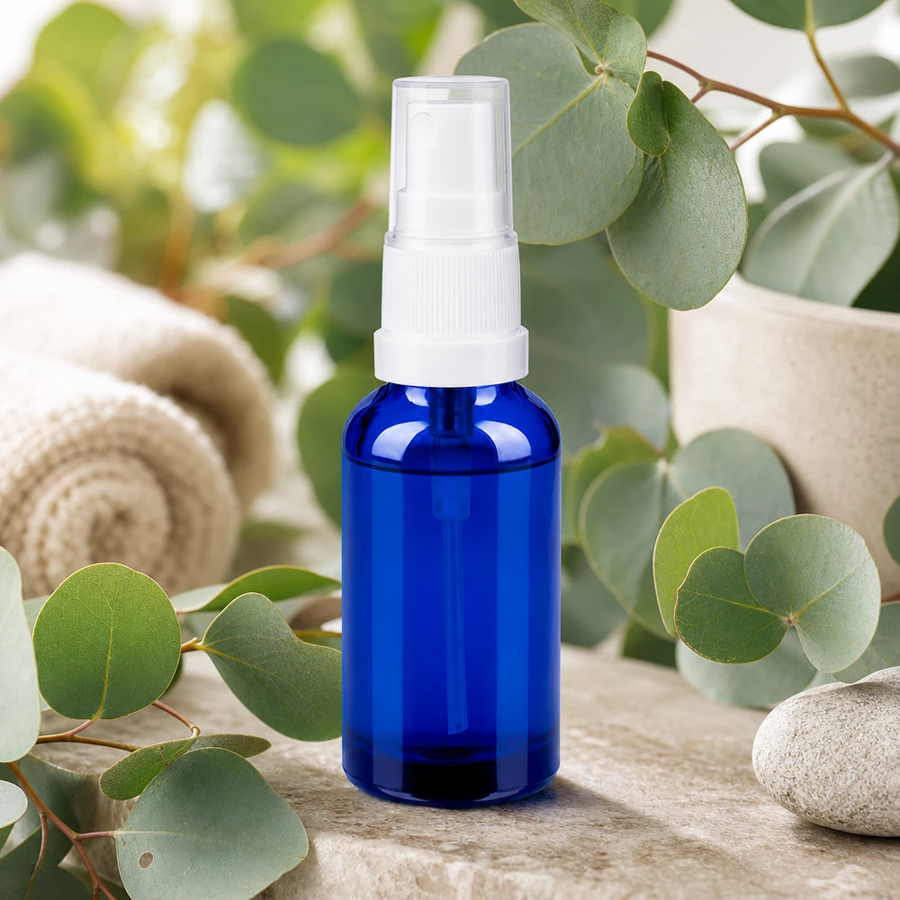 30ml suihkepullo valkoinen/läpinäkyvä vakiokorkki BlueLine UT18/30 Laadukas 30 ml:n suihkepullo sinisestä lasista, jossa on valkoinen sumutin tarkkaa annostelua varten.